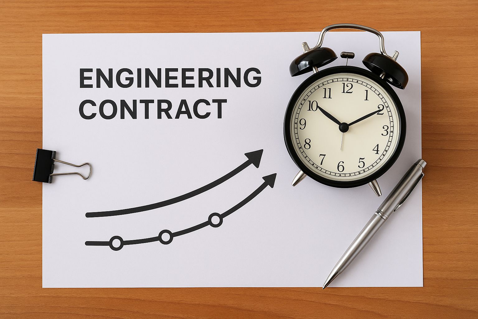 Kuvitus insinöörikontraktin aikajanasta ja perintäprosessista.