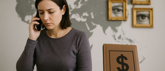 Käsi pitelee laskinleikettä, jonka päällä teksti 'international debt'.